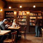 **

Cozy cafe interior, featuring a bookshelf wall, patrons reading and drinking coffee, warm lighting, comfortable vintage furniture, perhaps a visible pet-friendly area.

**