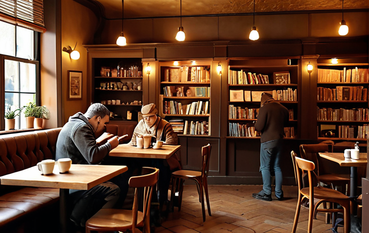 **

Cozy cafe interior, featuring a bookshelf wall, patrons reading and drinking coffee, warm lighting, comfortable vintage furniture, perhaps a visible pet-friendly area.

**